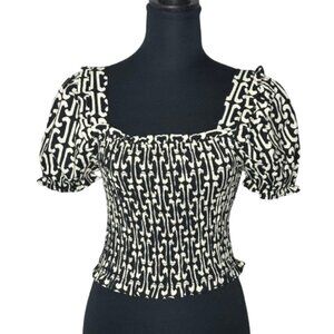 Monteau Linen Blend Smocked Puff Sleeve Crop Top Black Cream Size Small